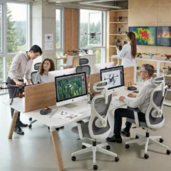 Mesa multipuesto UvePro Bench doble, fondo 166 cm, sobre curvo, estructura blanca/madera