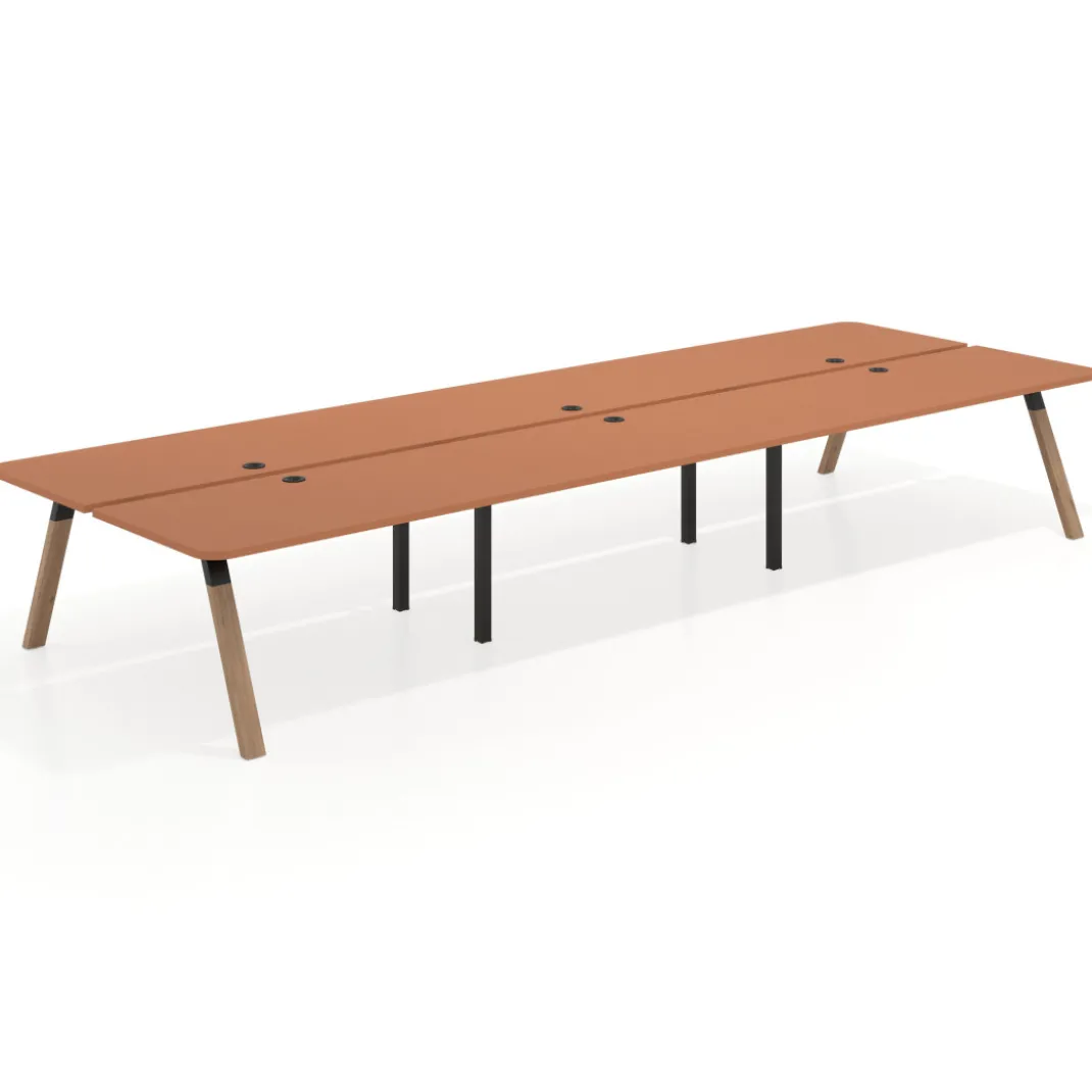 Mesa multipuesto UvePro Bench triple, fondo 166 cm, sobre curvo, estructura negra/madera