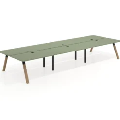 Mesa multipuesto UvePro Bench triple, fondo 166 cm, sobre curvo, estructura negra/madera
