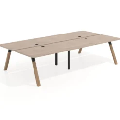 Mesa multipuesto UvePro Bench doble, fondo 166 cm, sobre curvo, estructura negra/madera