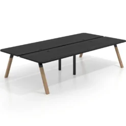 Mesa multipuesto UvePro Bench doble, fondo 166 cm, sobre curvo, estructura negra/madera