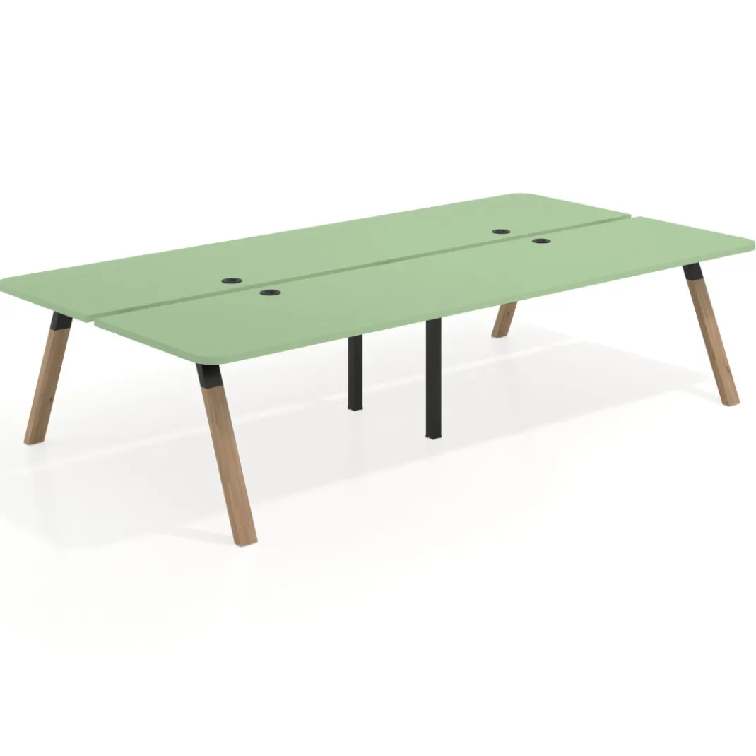 Mesa multipuesto UvePro Bench doble, fondo 166 cm, sobre curvo, estructura negra/madera