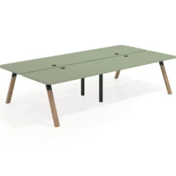 Mesa multipuesto UvePro Bench doble, fondo 166 cm, sobre curvo, estructura negra/madera