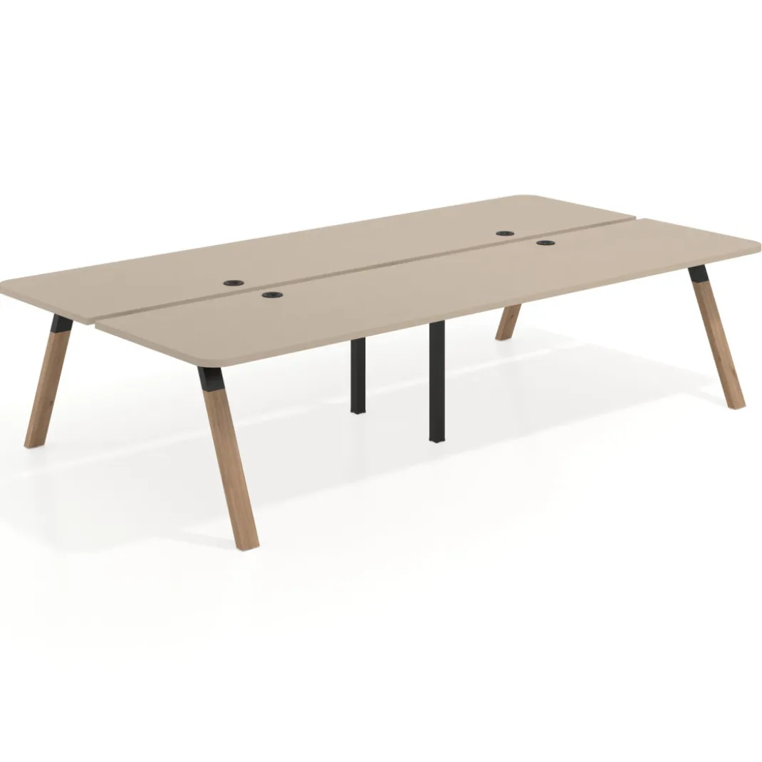 Mesa multipuesto UvePro Bench doble, fondo 166 cm, sobre curvo, estructura negra/madera