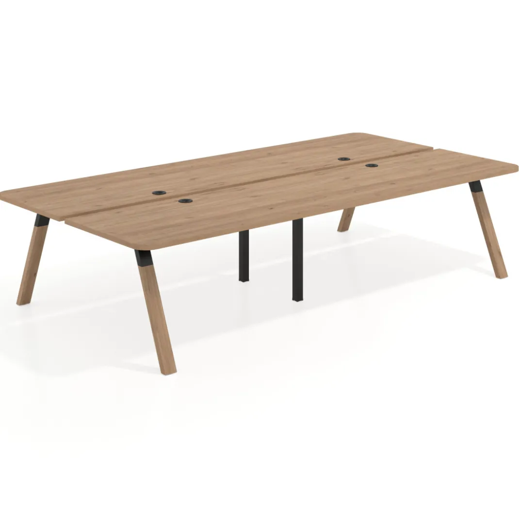 Mesa multipuesto UvePro Bench doble, fondo 166 cm, sobre curvo, estructura negra/madera