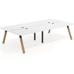 Mesa multipuesto UvePro Bench doble, fondo 166 cm, sobre curvo, estructura negra/madera
