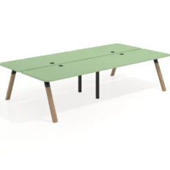 Mesa multipuesto UvePro Bench doble, fondo 166 cm, sobre curvo, estructura negra/madera