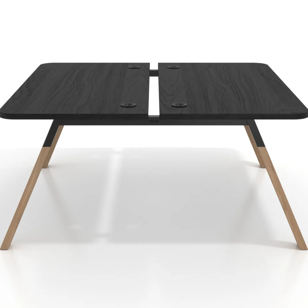 Mesa multipuesto UvePro Bench fondo 166 cm, sobre curvo, estructura negra/madera