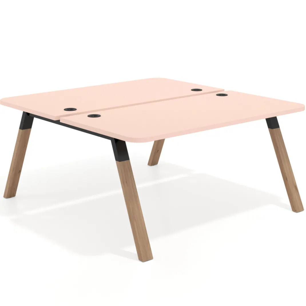 Mesa multipuesto UvePro Bench fondo 166 cm, sobre curvo, estructura negra/madera