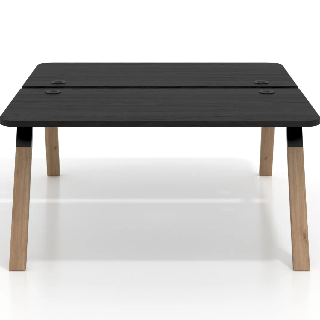 Mesa multipuesto UvePro Bench fondo 166 cm, sobre curvo, estructura negra/madera