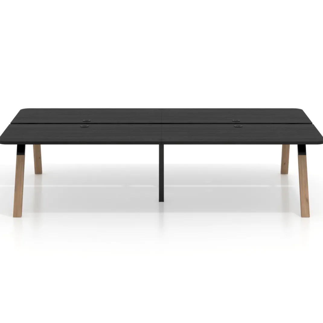 Mesa multipuesto UvePro Bench doble, fondo 166 cm, sobre curvo, estructura negra/madera