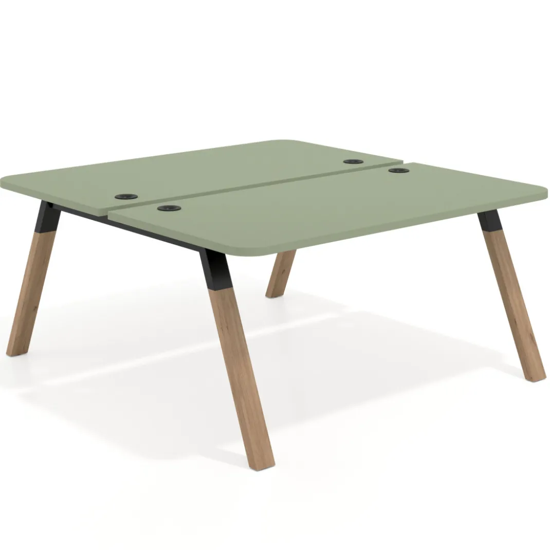 Mesa multipuesto UvePro Bench fondo 166 cm, sobre curvo, estructura negra/madera