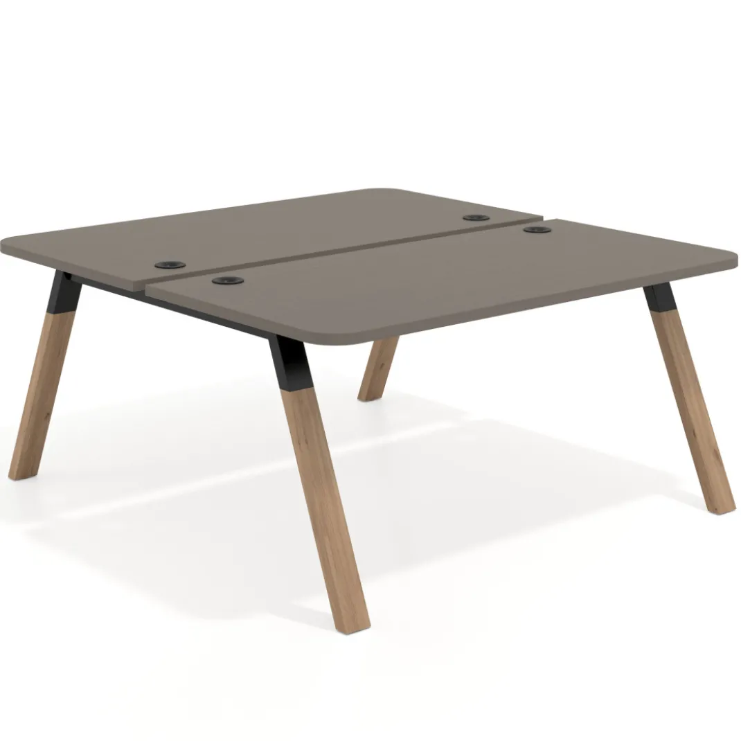 Mesa multipuesto UvePro Bench fondo 166 cm, sobre curvo, estructura negra/madera