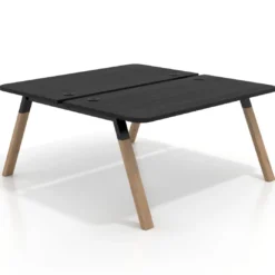 Mesa multipuesto UvePro Bench fondo 166 cm, sobre curvo, estructura negra/madera