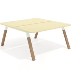 Mesa multipuesto UvePro Bench fondo 166 cm, sobre curvo, estructura blanca/madera