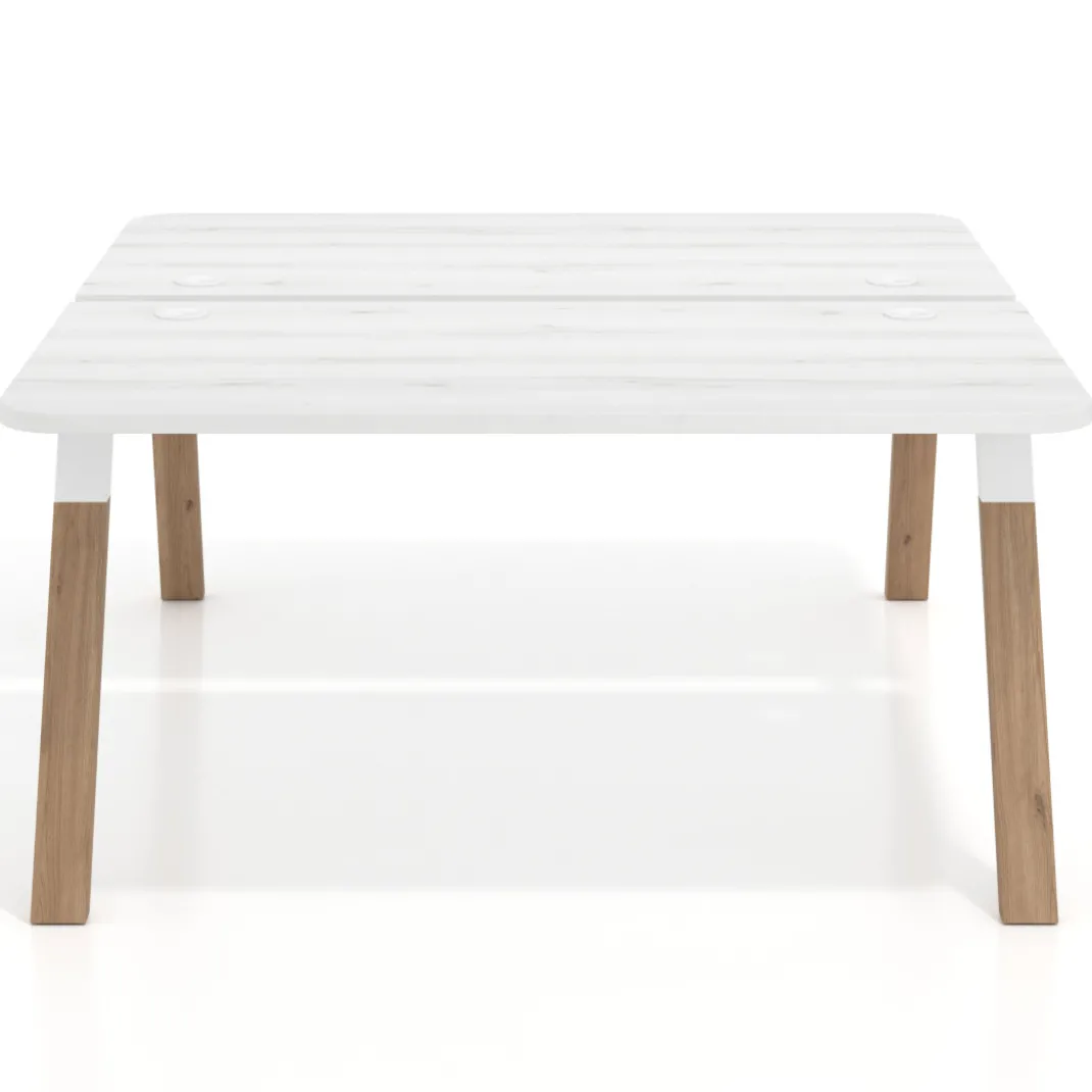 Mesa multipuesto UvePro Bench fondo 166 cm, sobre curvo, estructura blanca/madera