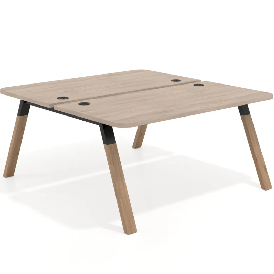 Mesa multipuesto UvePro Bench fondo 166 cm, sobre curvo, estructura negra/madera