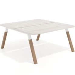 Mesa multipuesto UvePro Bench fondo 166 cm, sobre curvo, estructura blanca/madera