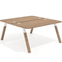 Mesa multipuesto UvePro Bench fondo 166 cm, sobre curvo, estructura blanca/madera