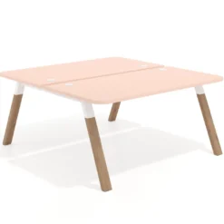 Mesa multipuesto UvePro Bench fondo 166 cm, sobre curvo, estructura blanca/madera