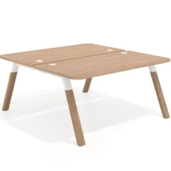 Mesa multipuesto UvePro Bench fondo 166 cm, sobre curvo, estructura blanca/madera