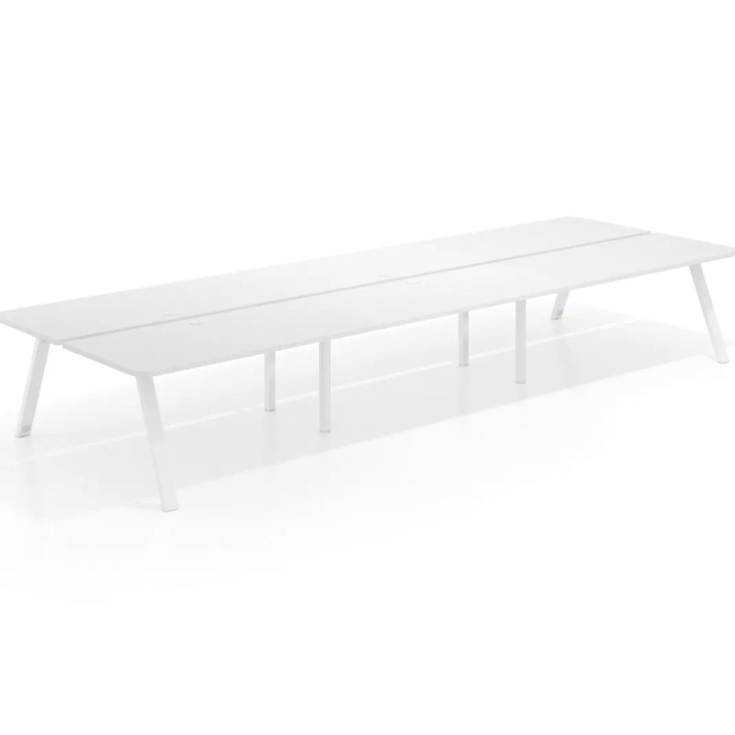 Mesa multipuesto UvePro Bench triple, fondo 166 cm, sobre curvo, estructura blanca