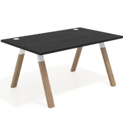 Mesa oficina de diseño UvePro fondo 100cm, estructura blanca, patas de madera