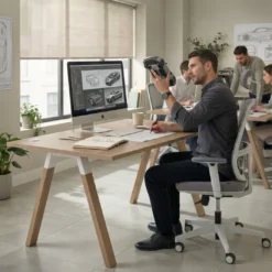 Mesa oficina de diseño UvePro fondo 100cm, estructura blanca, patas de madera