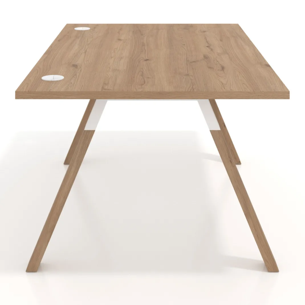 Mesa oficina de diseño UvePro fondo 100cm, estructura blanca, patas de madera