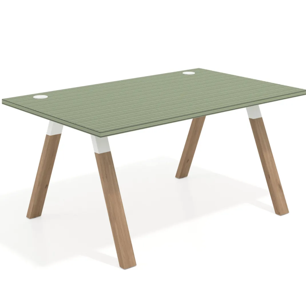Mesa oficina de diseño UvePro fondo 100cm, estructura blanca, patas de madera