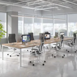 Mesa oficina multipuesto bench triple Kube, fondo 142cm, estructura blanco