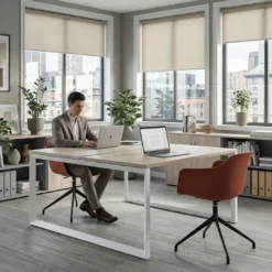 Mesa oficina multipuesto bench Delta fondo 166cm estructura blanca