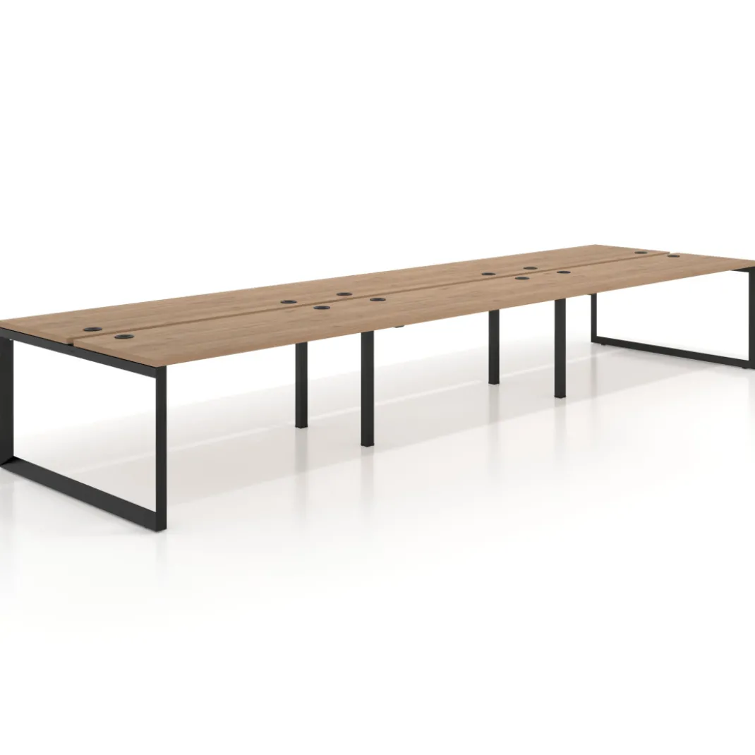 Mesa oficina multipuesto bench Delta triple, fondo 142cm, estructura negra