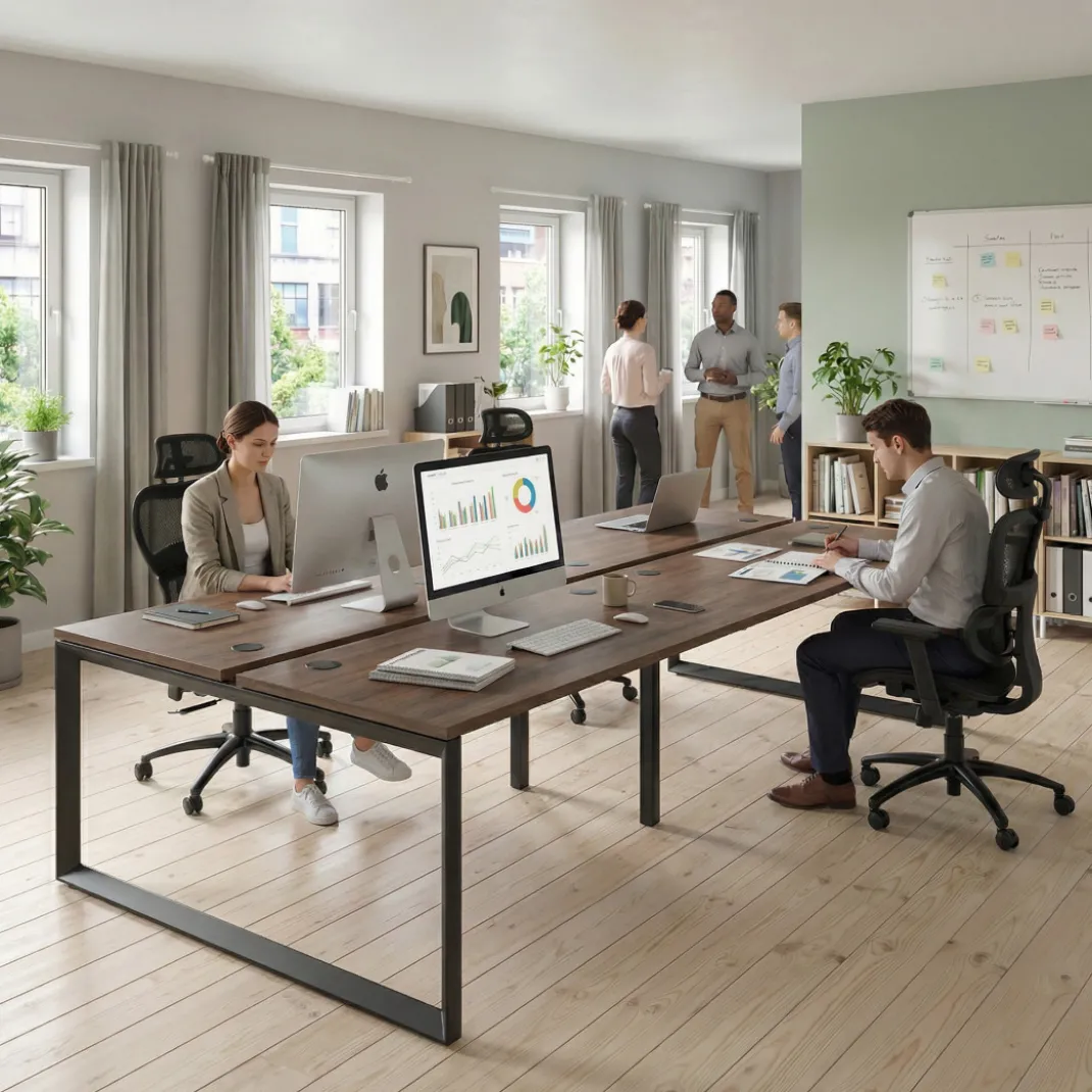 Mesa oficina multipuesto bench Delta doble, fondo 142cm, estructura negra