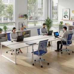 Mesa oficina multipuesto bench Delta triple, fondo 166cm estructura blanca