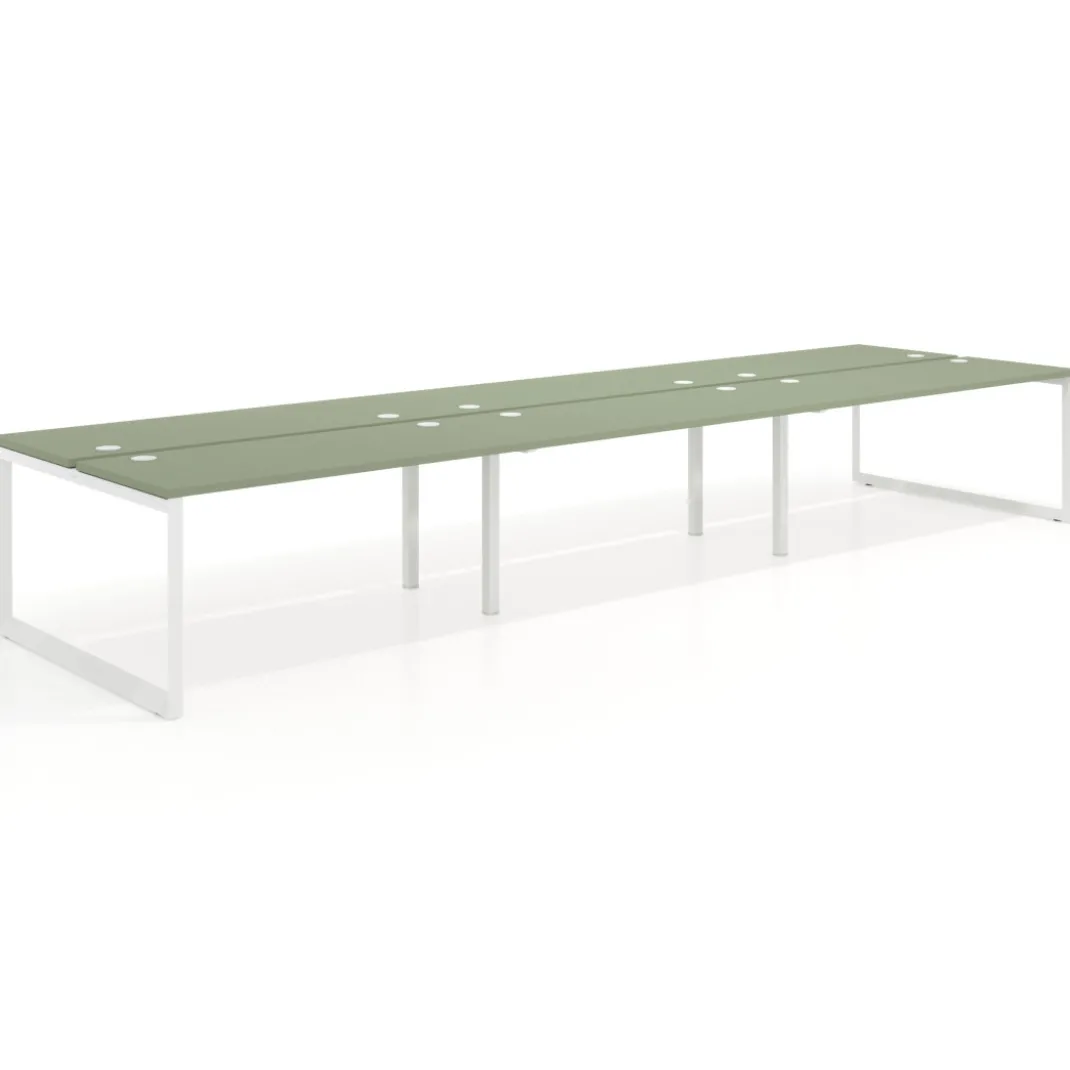 Mesa oficina multipuesto bench Delta triple, fondo 142cm, estructura blanca
