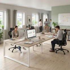 Mesa oficina multipuesto bench Delta doble, fondo 142cm, estructura blanca