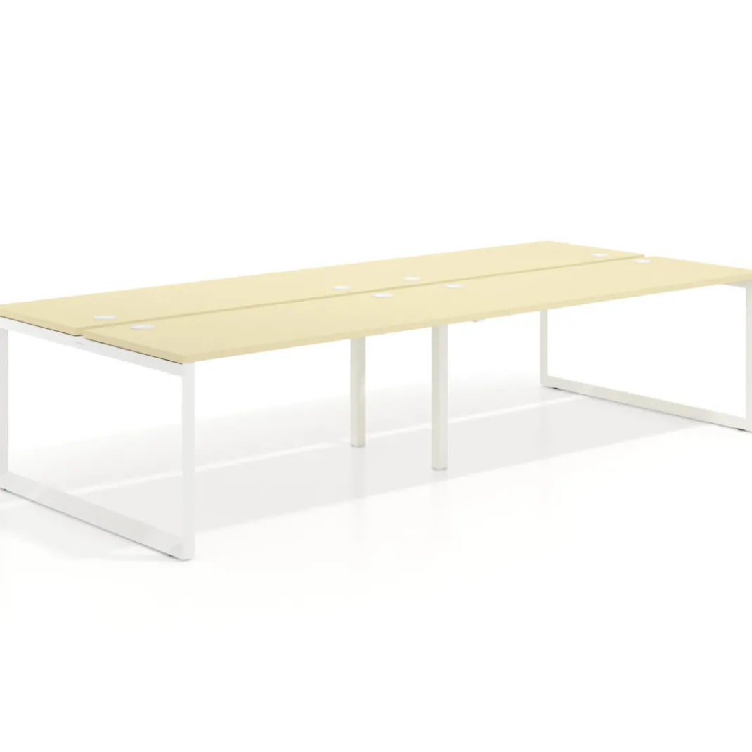 Mesa oficina multipuesto bench Delta doble, fondo 142cm, estructura blanca