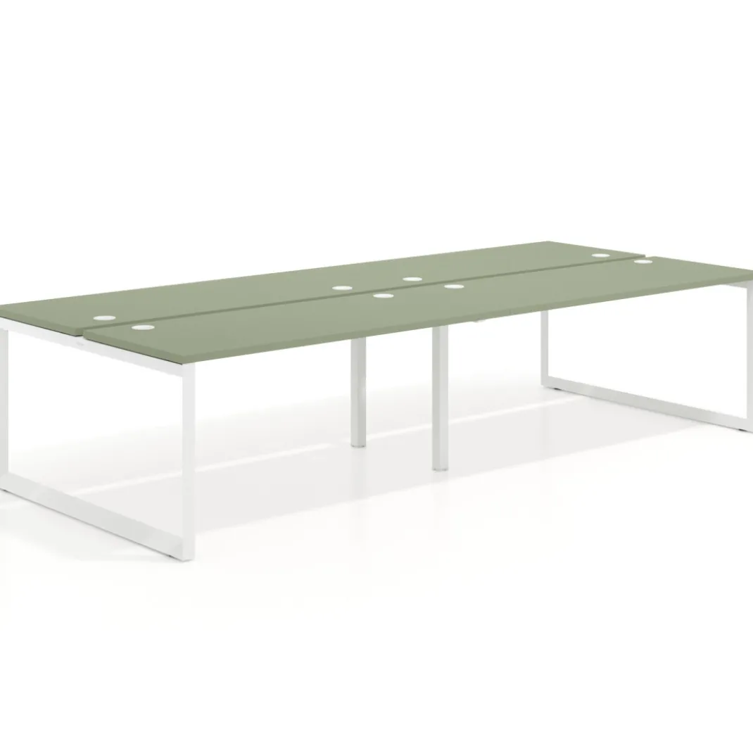 Mesa oficina multipuesto bench Delta doble, fondo 142cm, estructura blanca