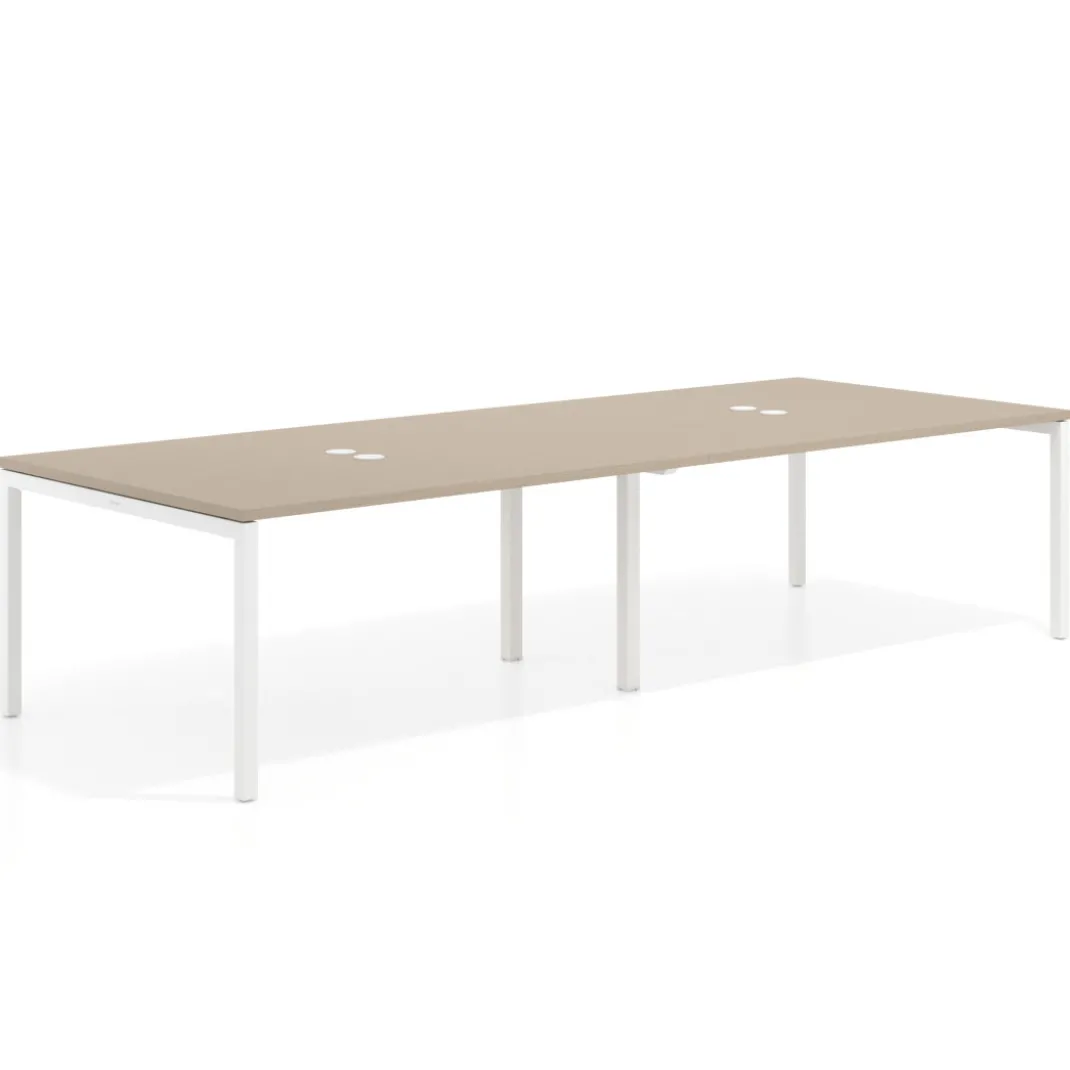 Mesa para coworking encimera continua doble Kube, fondo 126 cm, estructura blanca