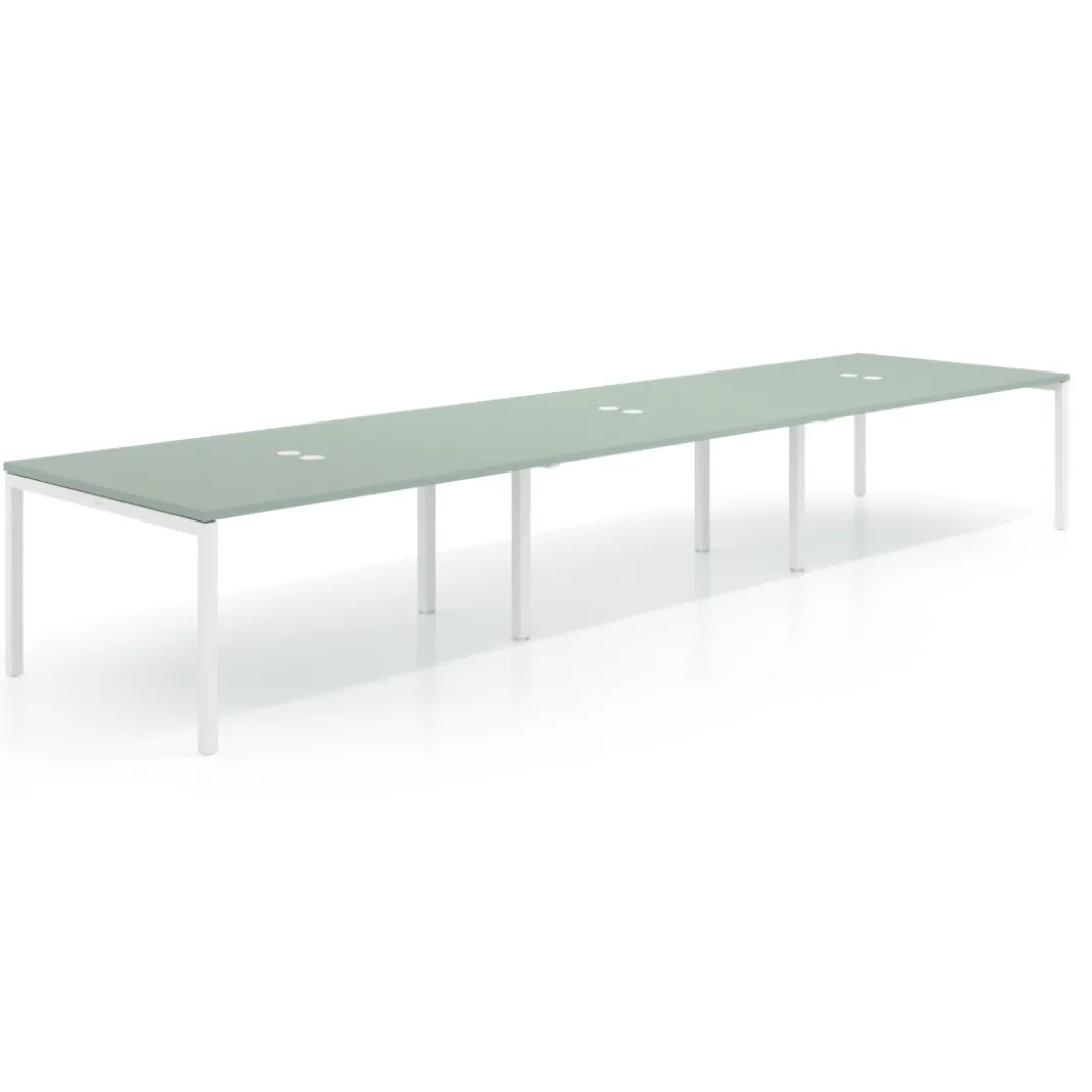 Mesa para coworking encimera continua triple Kube, fondo 126 cm, estructura blanca