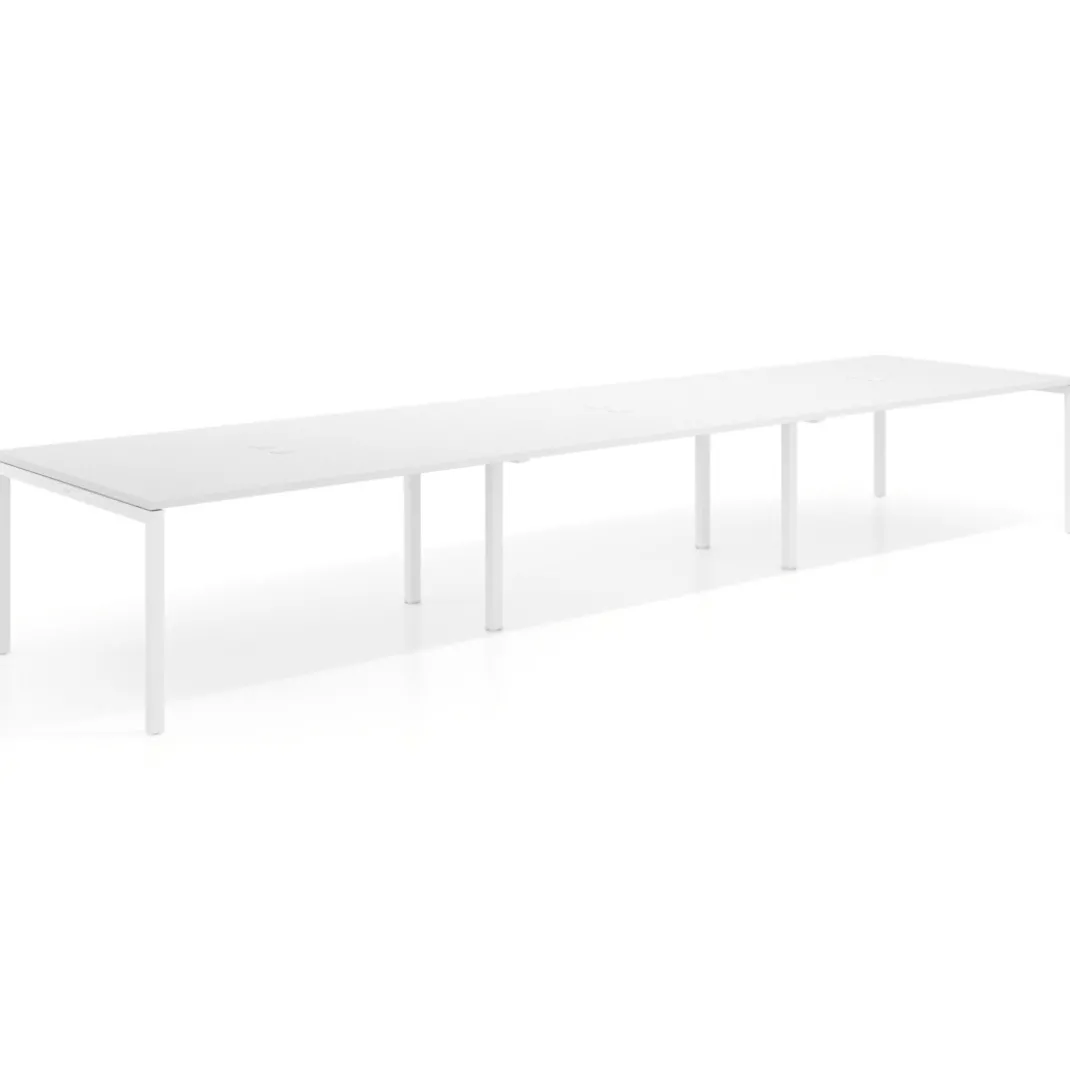 Mesa para coworking encimera continua triple Kube, fondo 126 cm, estructura blanca