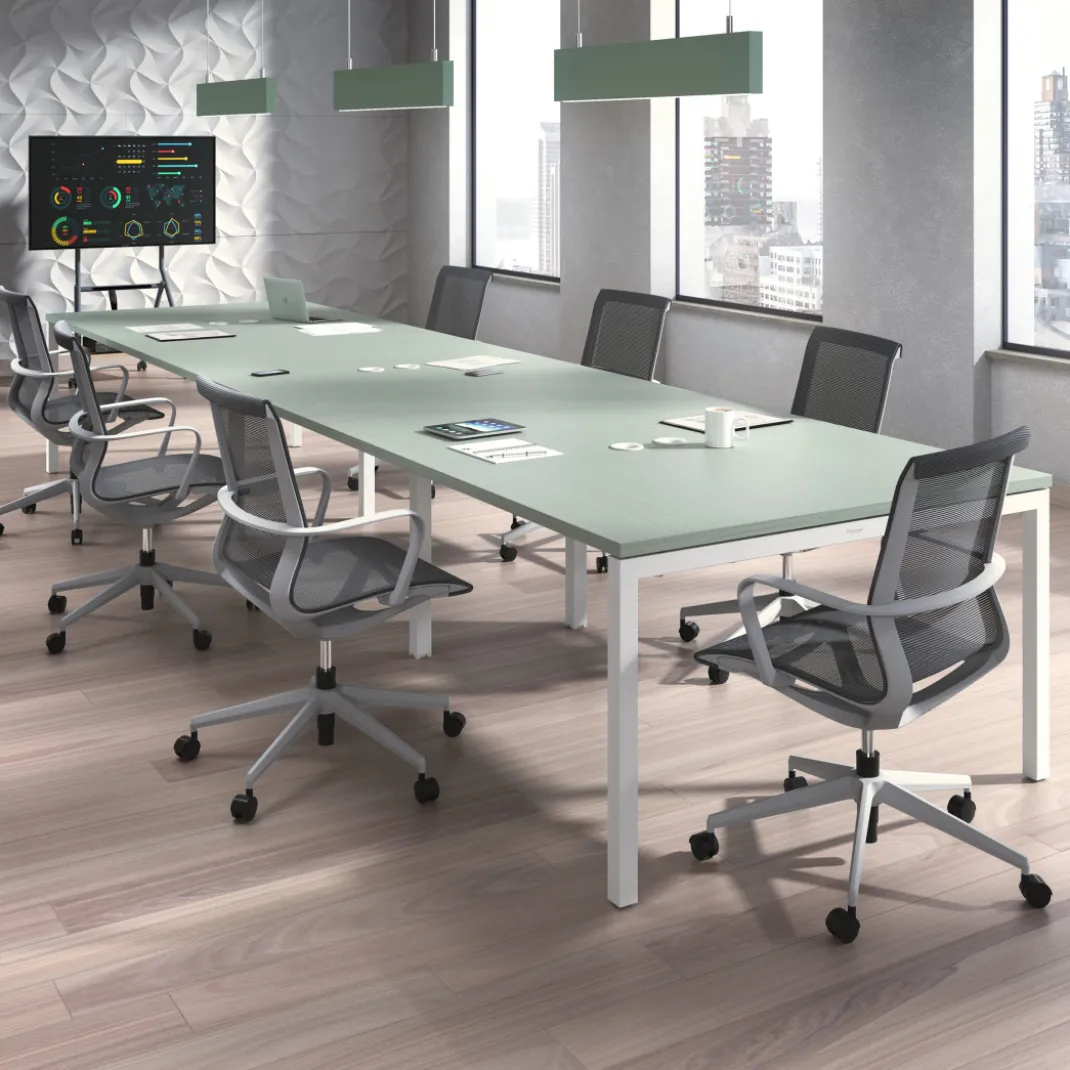 Mesa para coworking encimera continua triple Kube, fondo 126 cm, estructura blanca