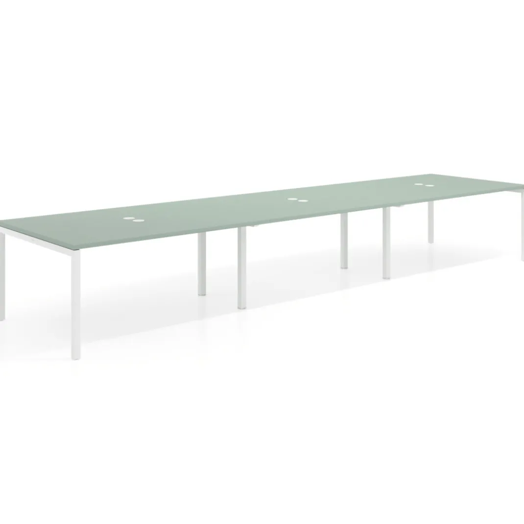 Mesa para coworking encimera continua triple Kube, fondo 126 cm, estructura blanca