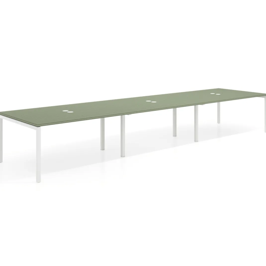 Mesa para coworking encimera continua triple Kube, fondo 126 cm, estructura blanca