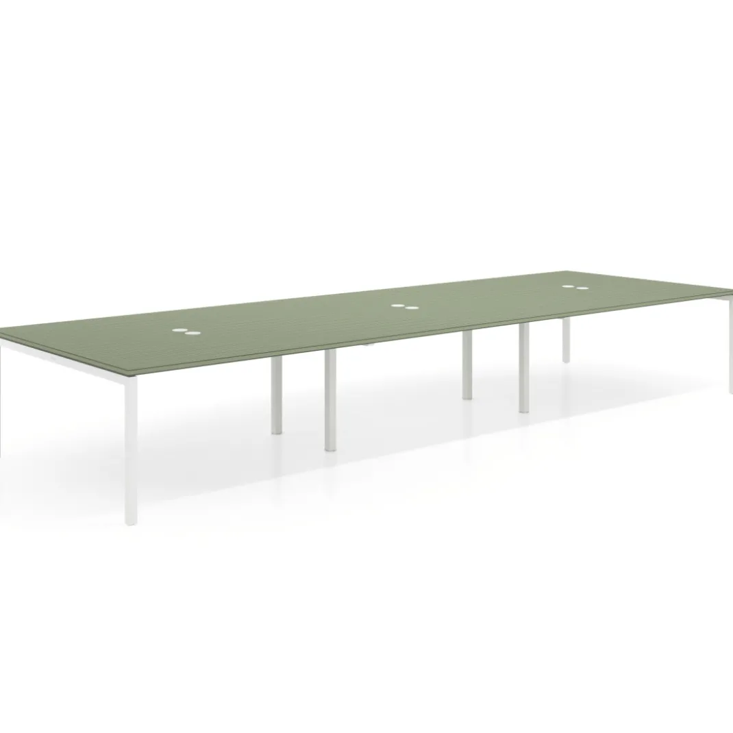 Mesa para coworking Kube triple, encimera continua fondo 166 cm, estructura blanca