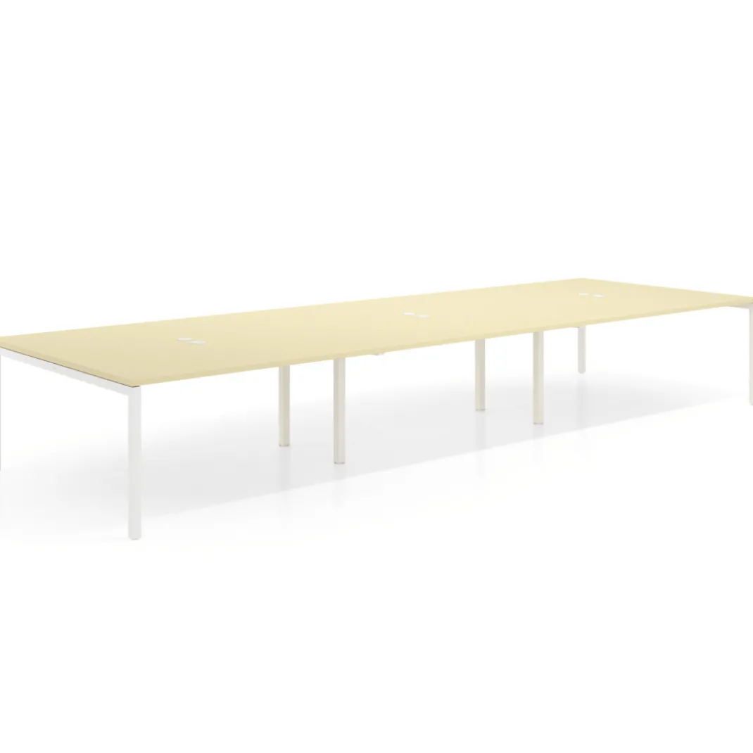 Mesa para coworking Kube triple, encimera continua fondo 166 cm, estructura blanca