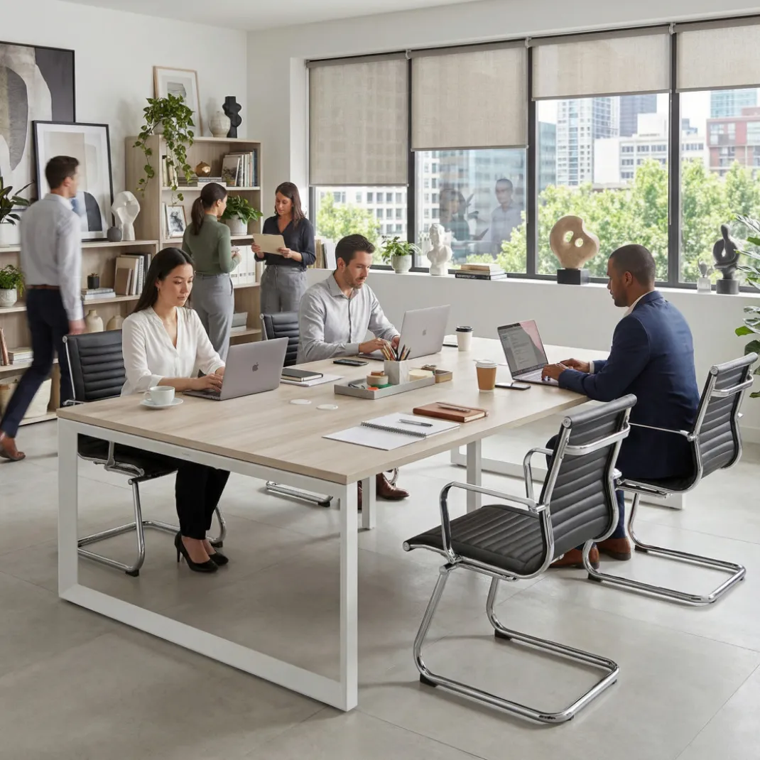Mesa para reuniones rectangular doble, fondo 142 cm, estructura blanca