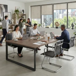 Mesa para reuniones rectangular doble, fondo 142 cm, estructura negra