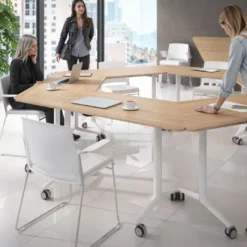 Mesa plegable pivot trapezoidal, estructura blanco, canto 16cm